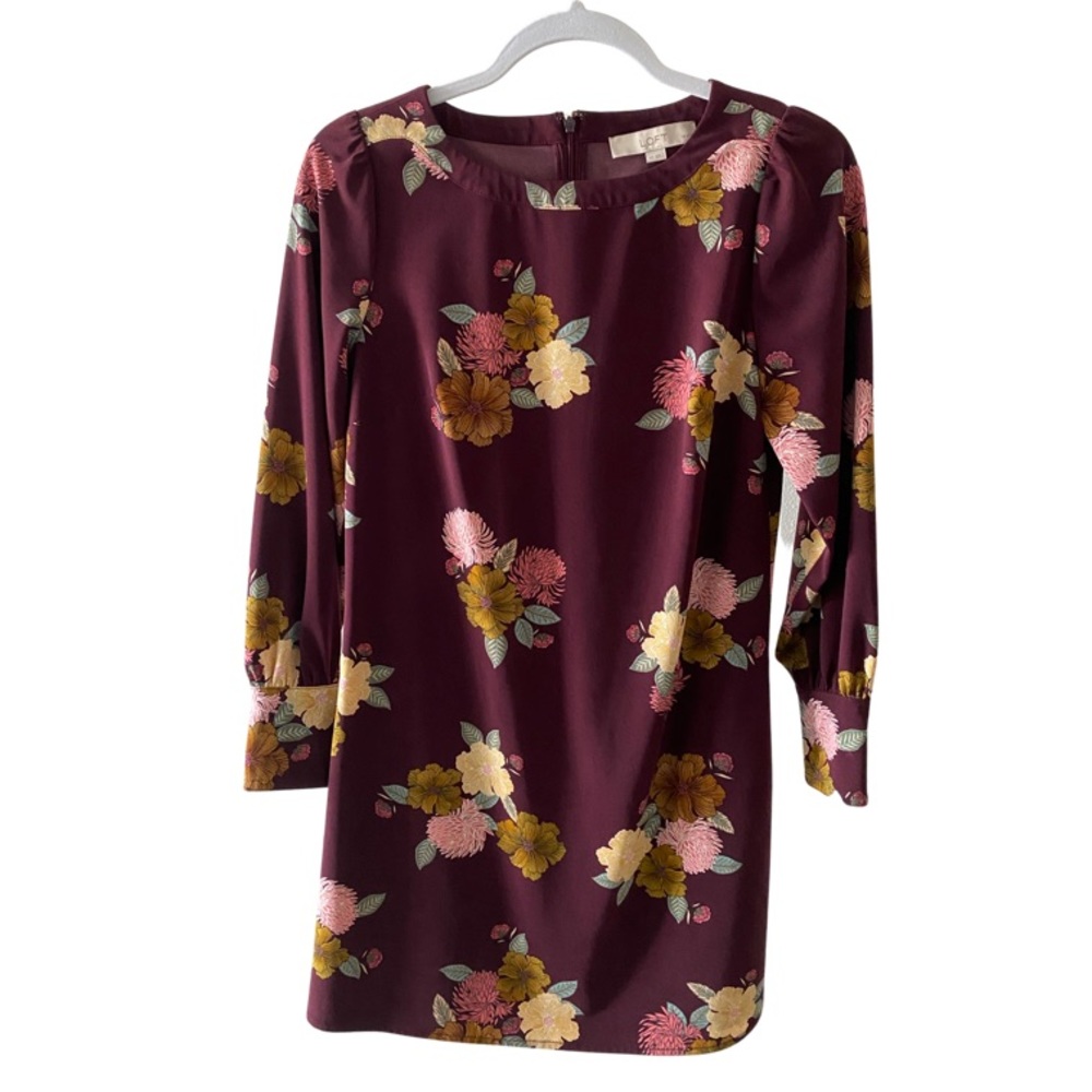 LOFT Petite Long Sleeve Floral Dress Burgundy